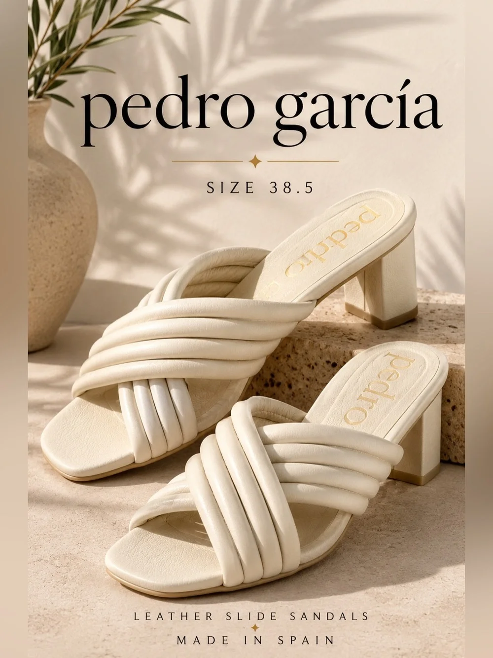 Pedro Garcia Cream Padded Leather Slide Sandals Block Heel Size 38.5